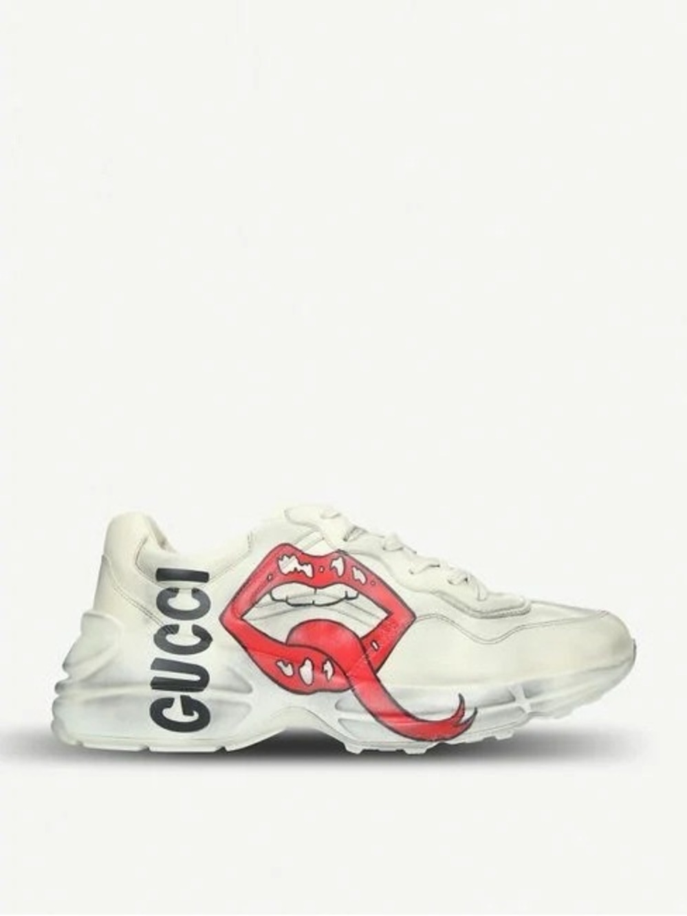 Gucci Rhyton Chunky Distressed Leather Sneaker With Mouth Print 11.5